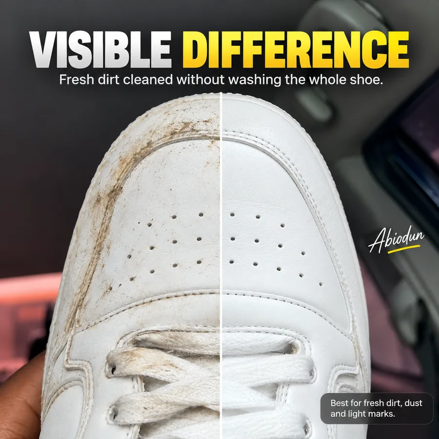 Real before and after QuickWipe result on a white sneaker